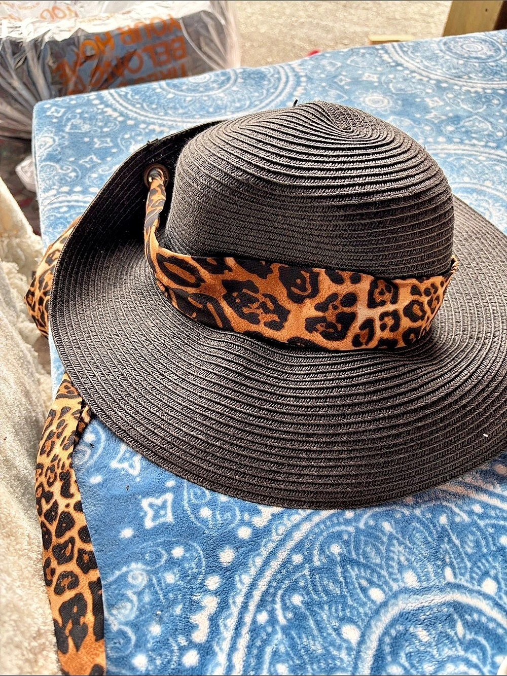 Nine West Printed Scarf Flip-Up Floppy Hat Black & Brown